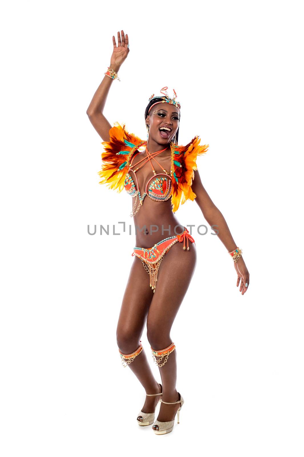 Samba woman dancer celebrating on white background