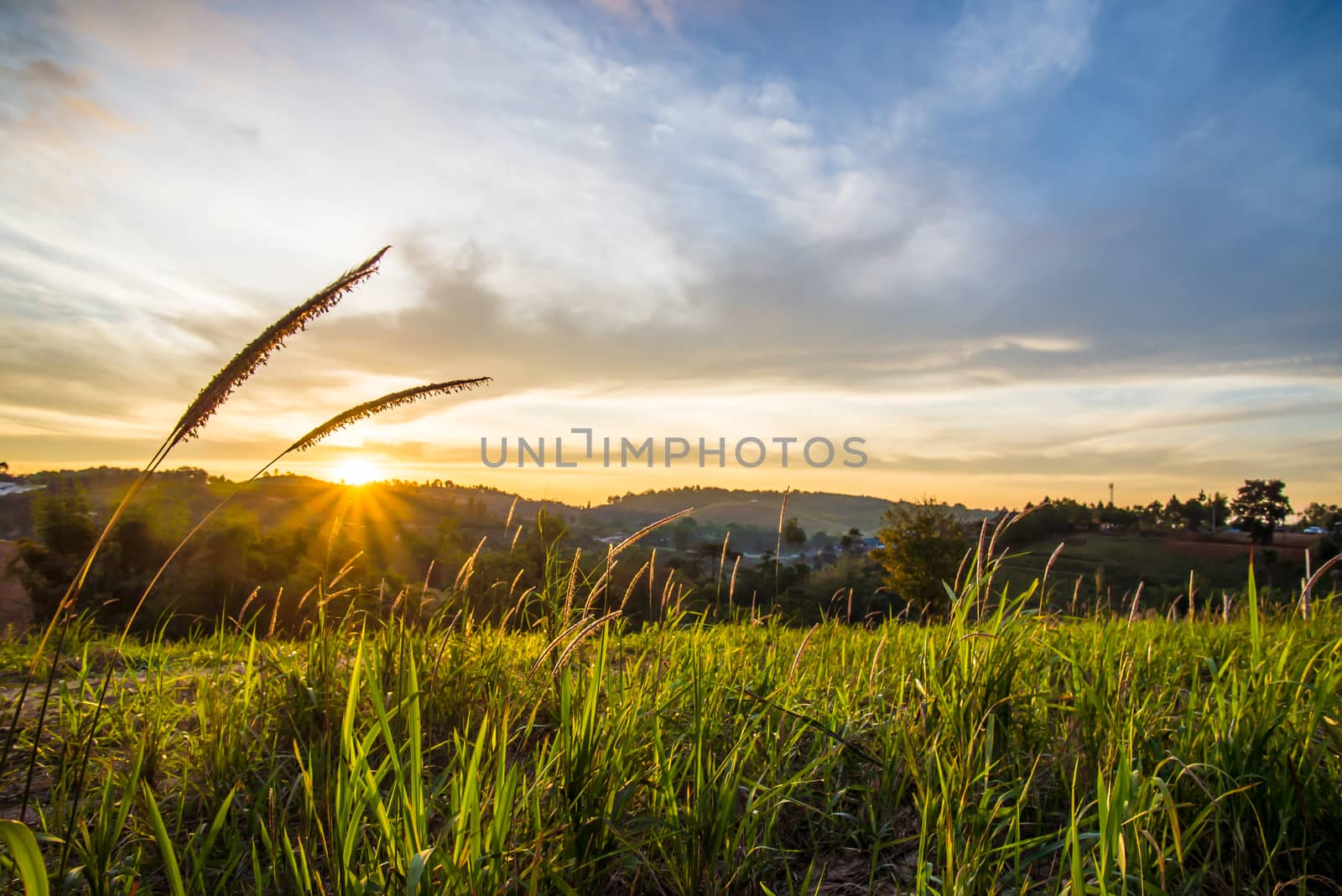 Sunrise in the morning, surrounded by mountains and meadows.