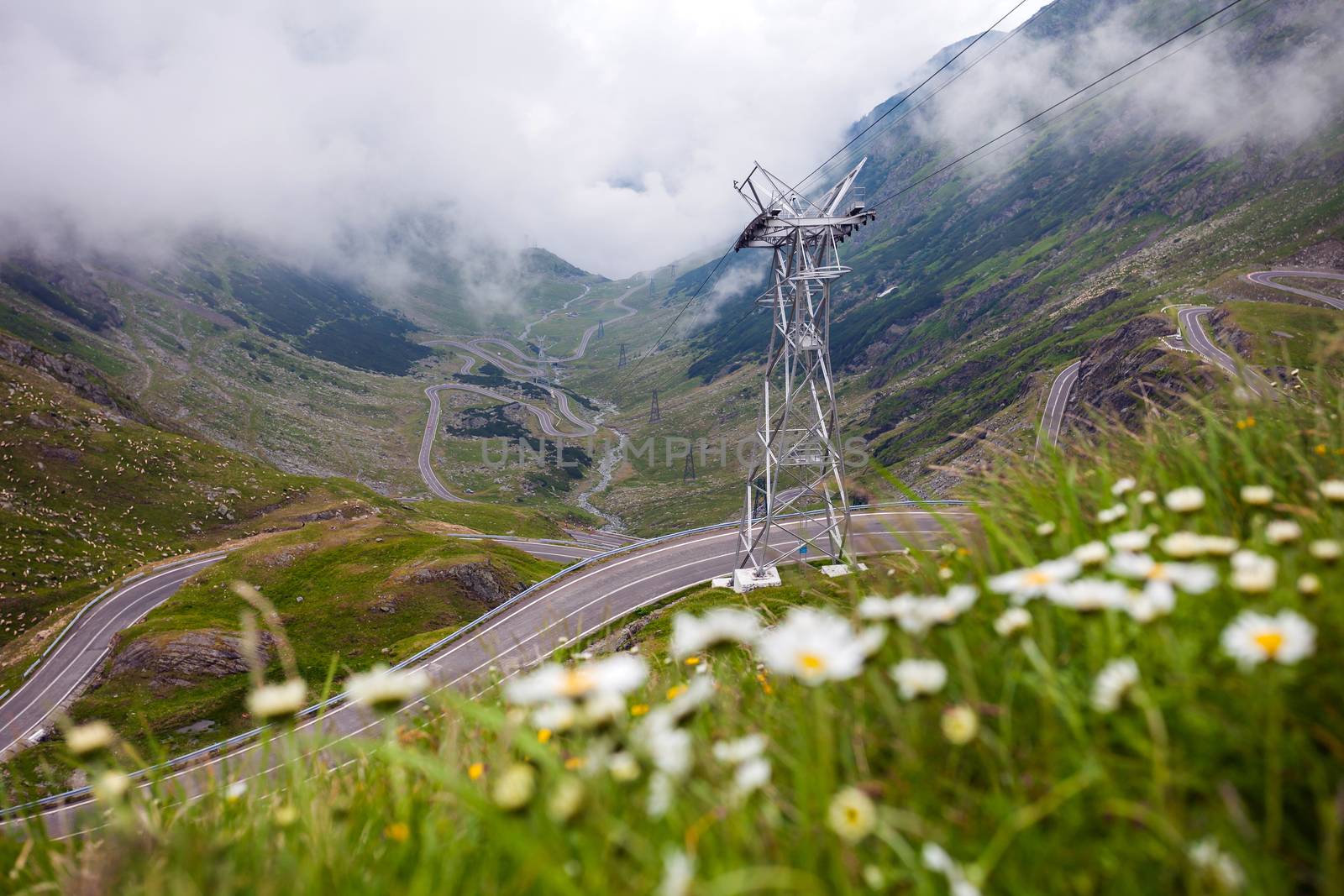 Transfagarasan mountain road with from Romania covered with fog