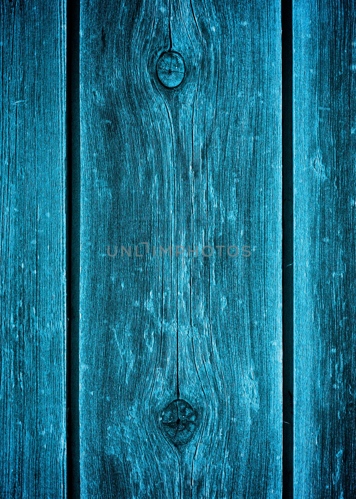 Background of Turquoise Weathered Cracked Wooden Planks with Timber Knots closeup