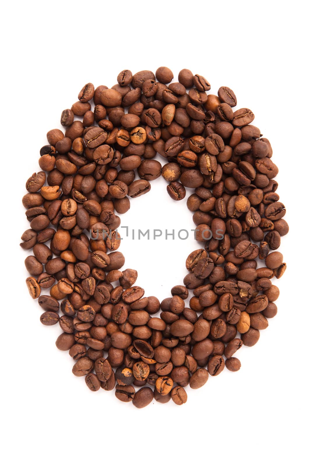 Alphabet letter O of roasted coffee beans isolated on white background