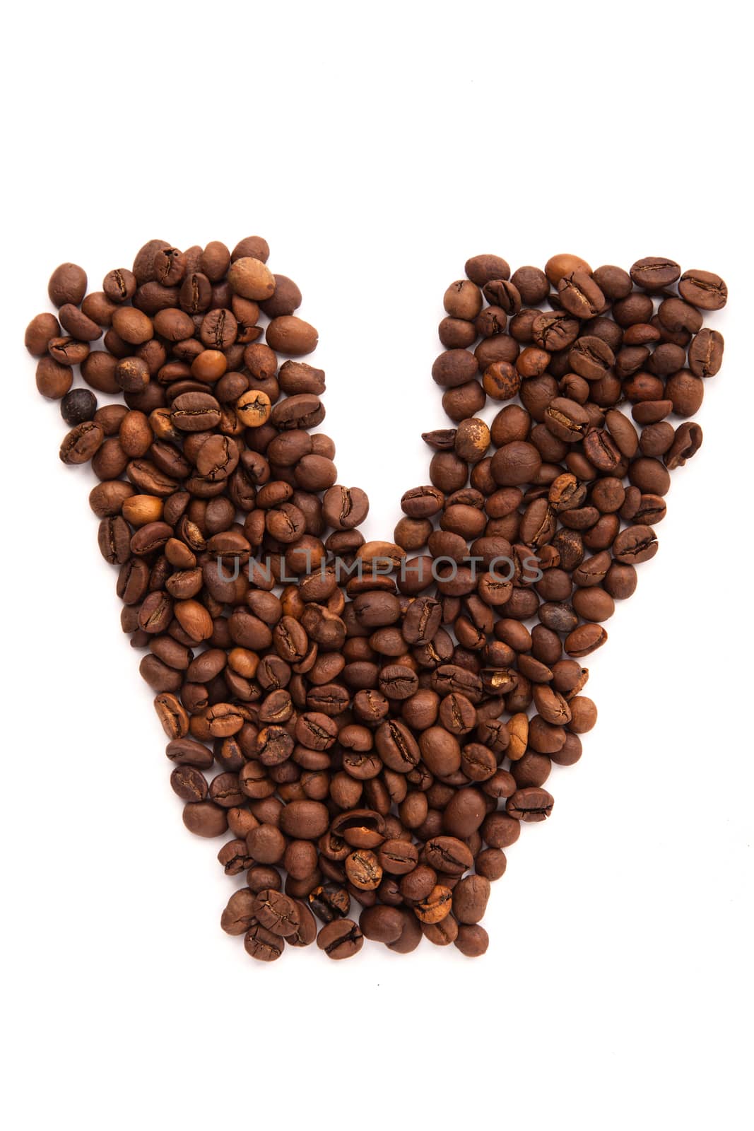 Alphabet letter V of roasted coffee beans isolated on white background