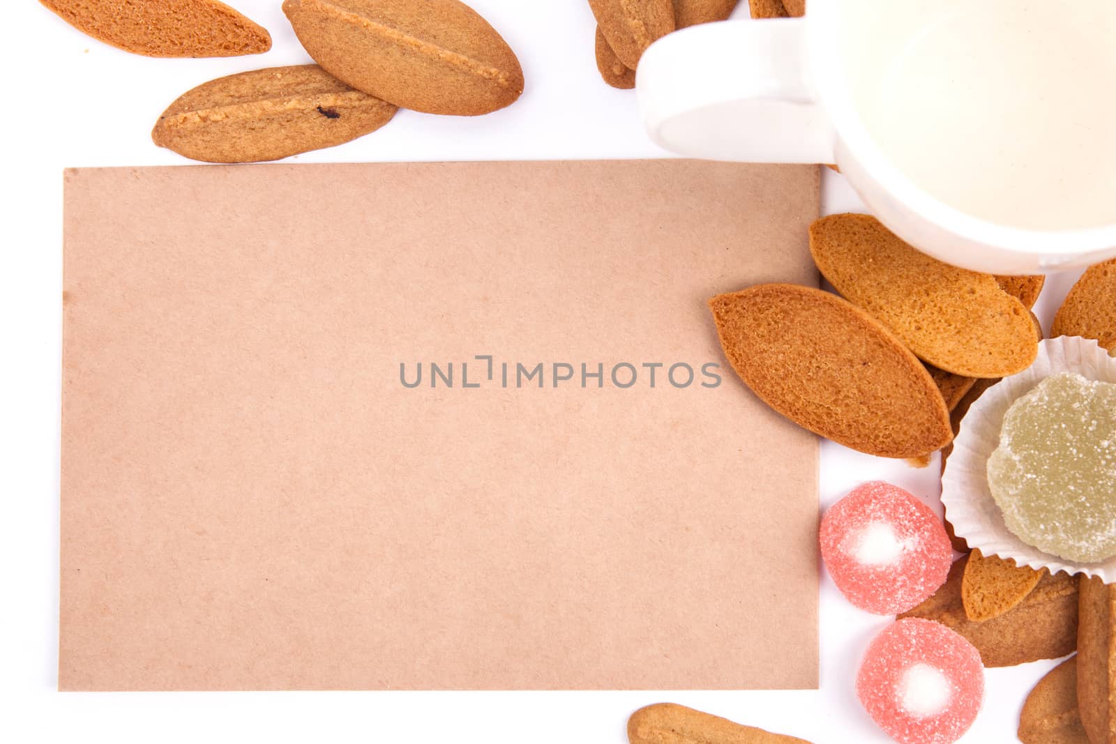 background biscuits, waffles, fruit jelly isolated on white background with space for text on the envelope