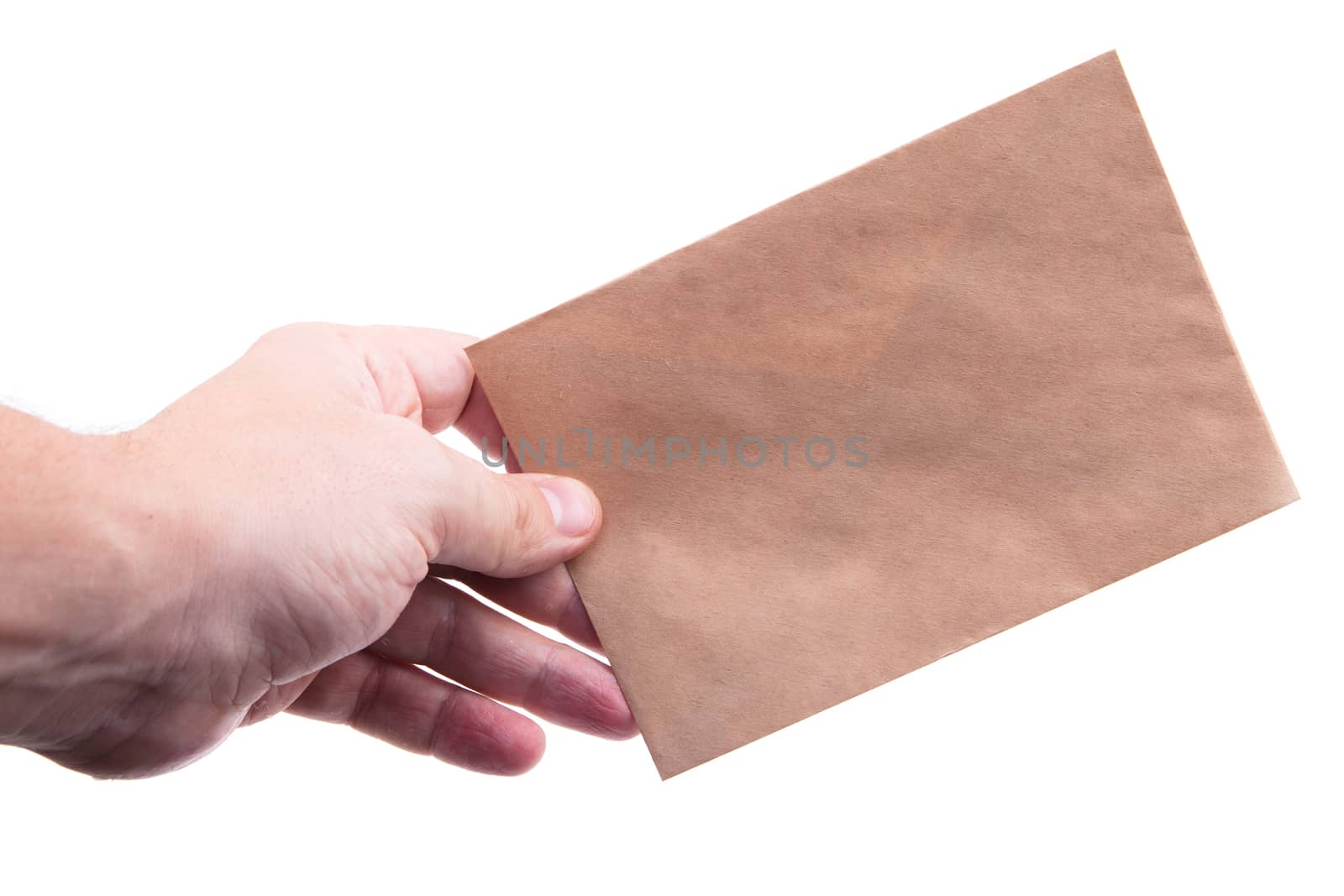 hand holding envelopes with letters on the white background isolated