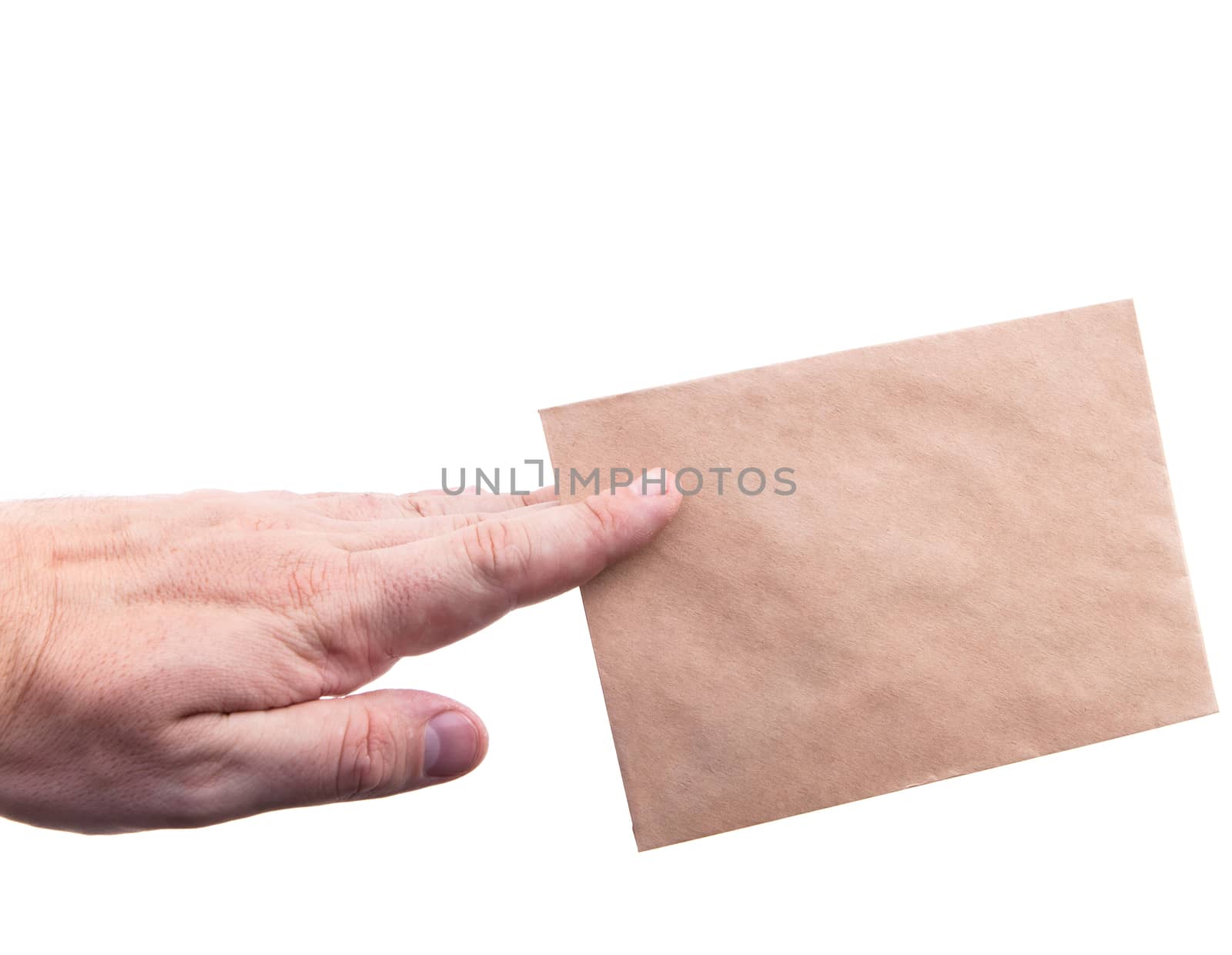 hand holding envelopes with letters on the white background isolated