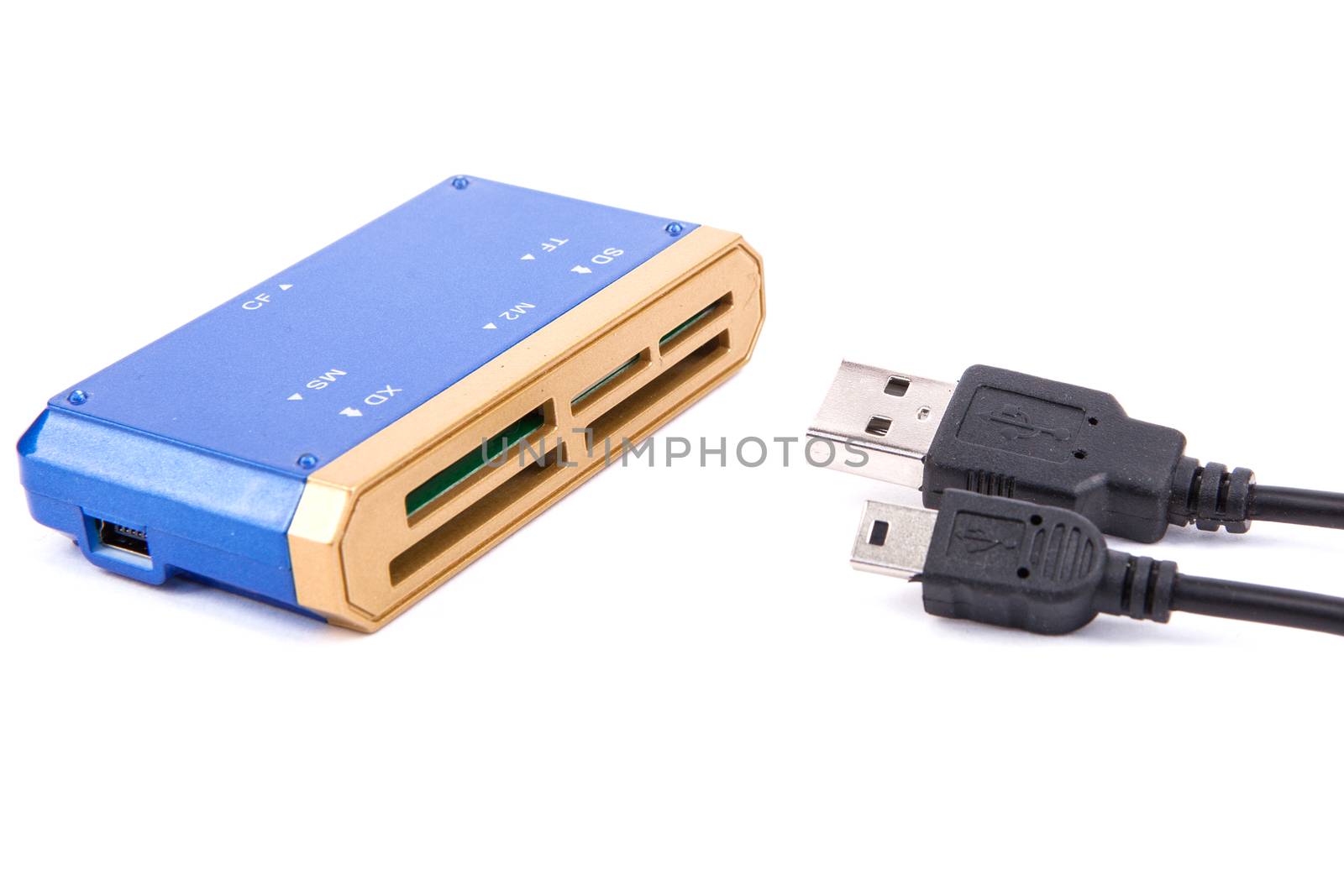 external usb cardreader and usb cabel isolated on white background