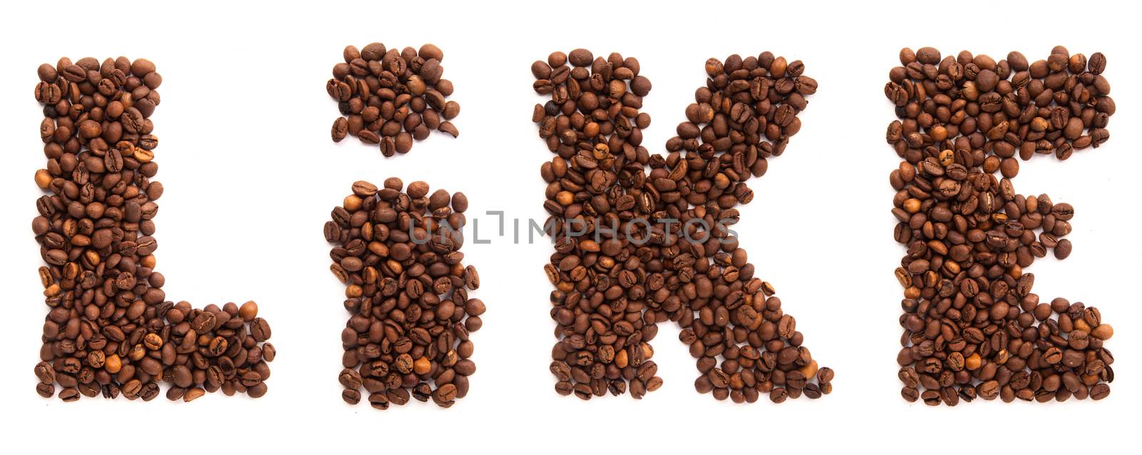 Like inscription from roasted coffee beans isolated on white background