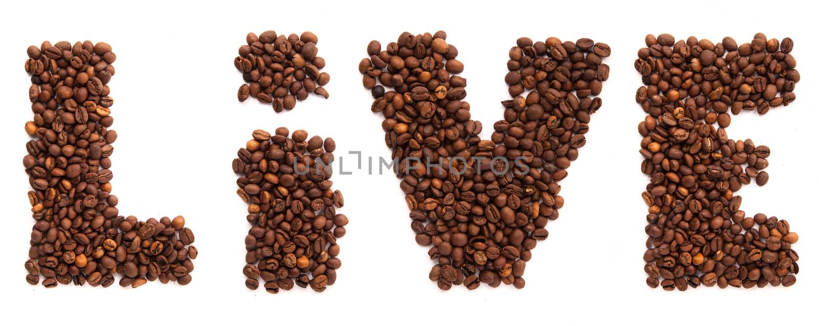 Live inscription from roasted coffee beans isolated on white background