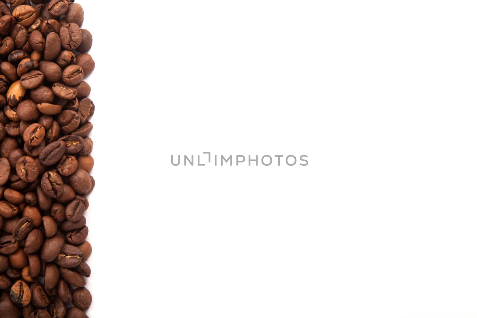 roasted coffee beans with space for advertising text isolated on white background