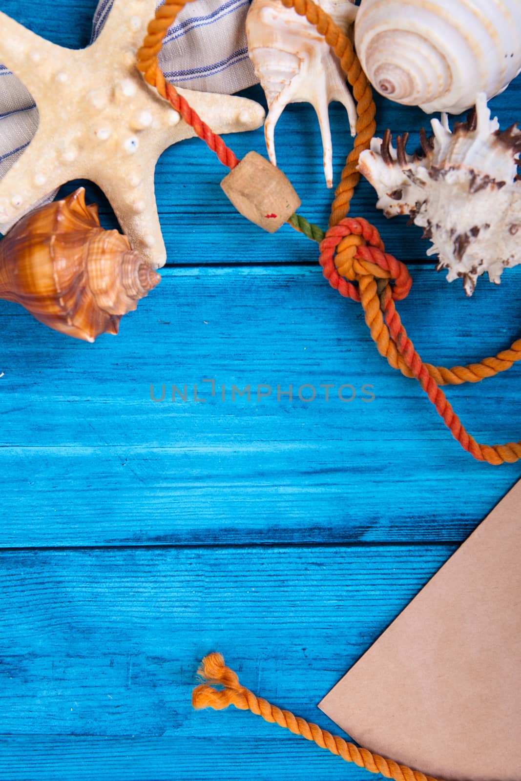 Summer holidays blue background with space for advertising and maritime theme (seashells, starfish, sea knots, anchor, bow tie)