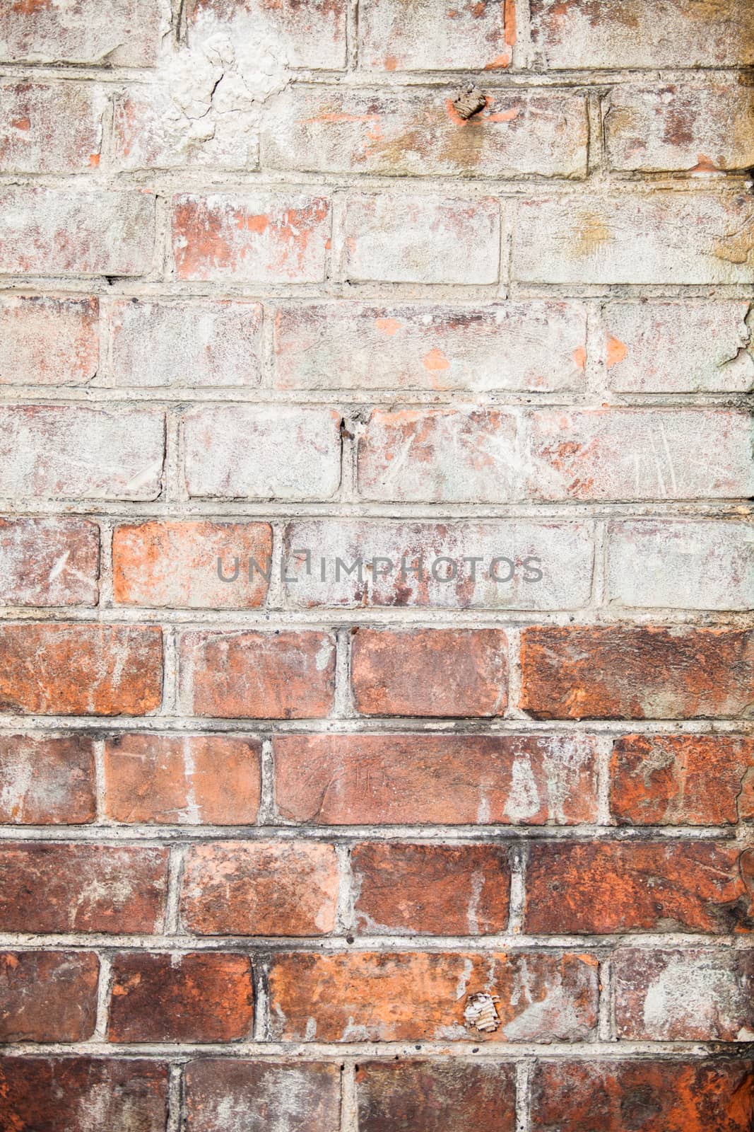 Background texture. The wall of the old red brick splashed with white paint