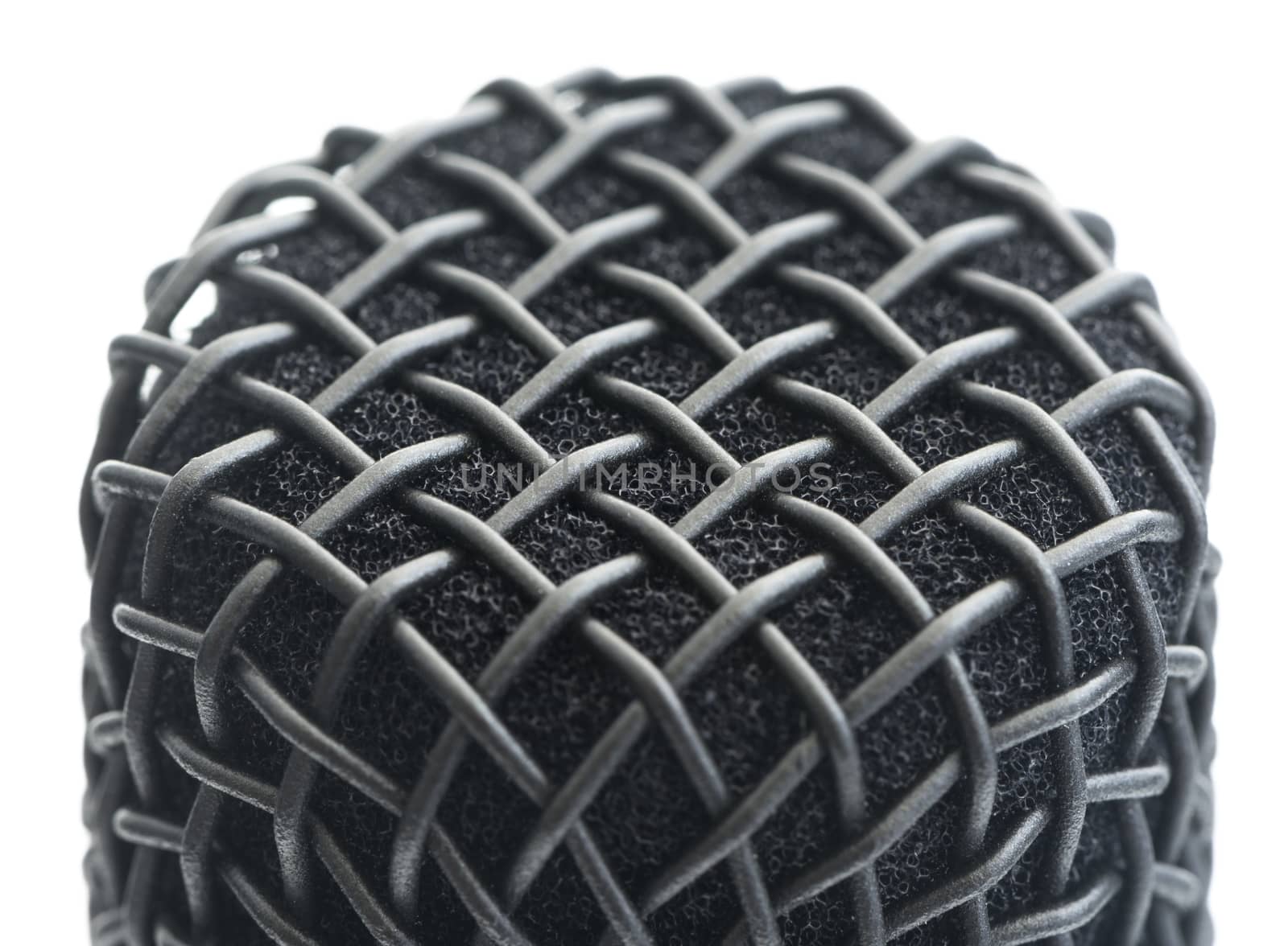 Close Up Detail of Microphone Head Isolated on White Background