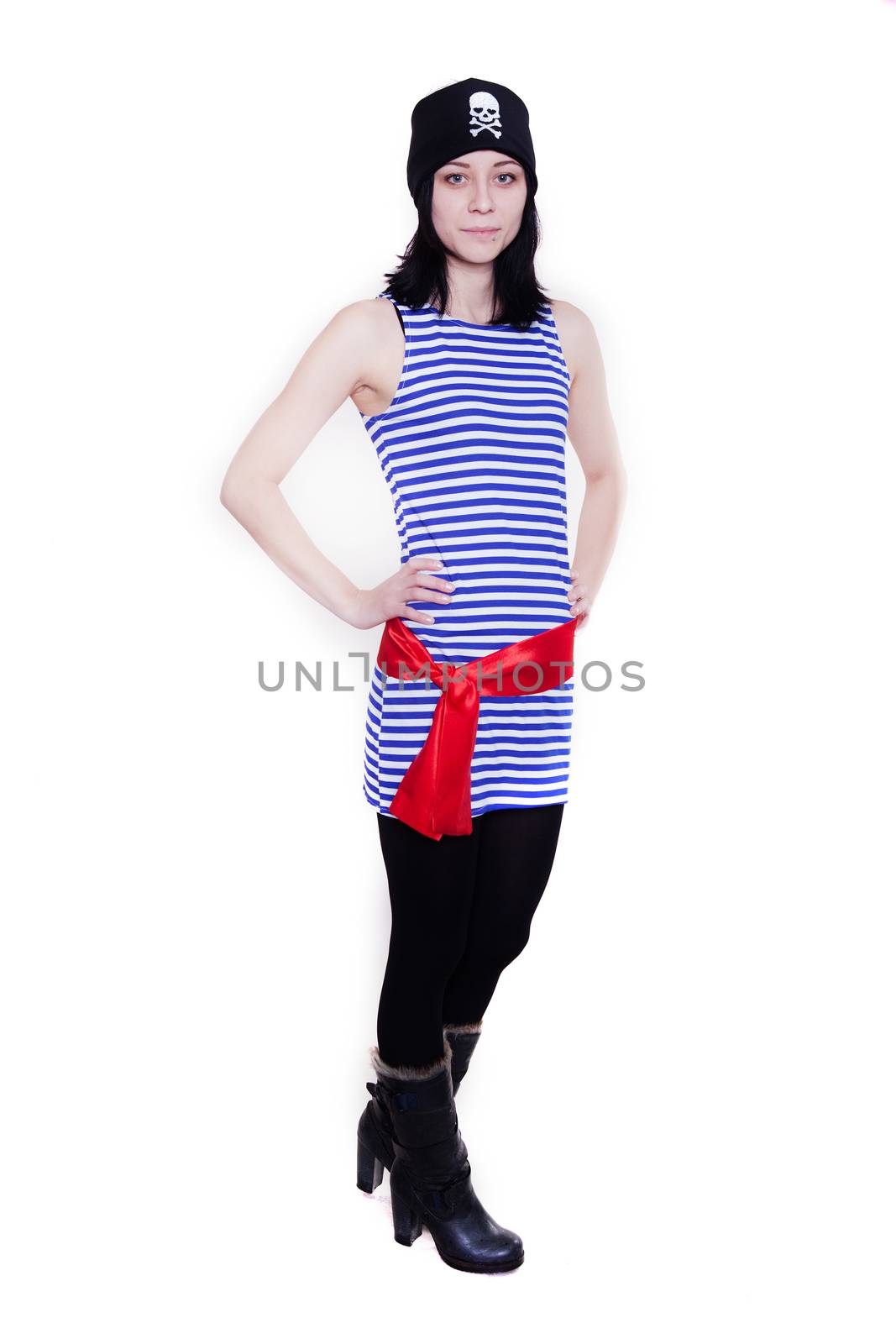 girl in a pirate costume for the holiday, isolated on white background