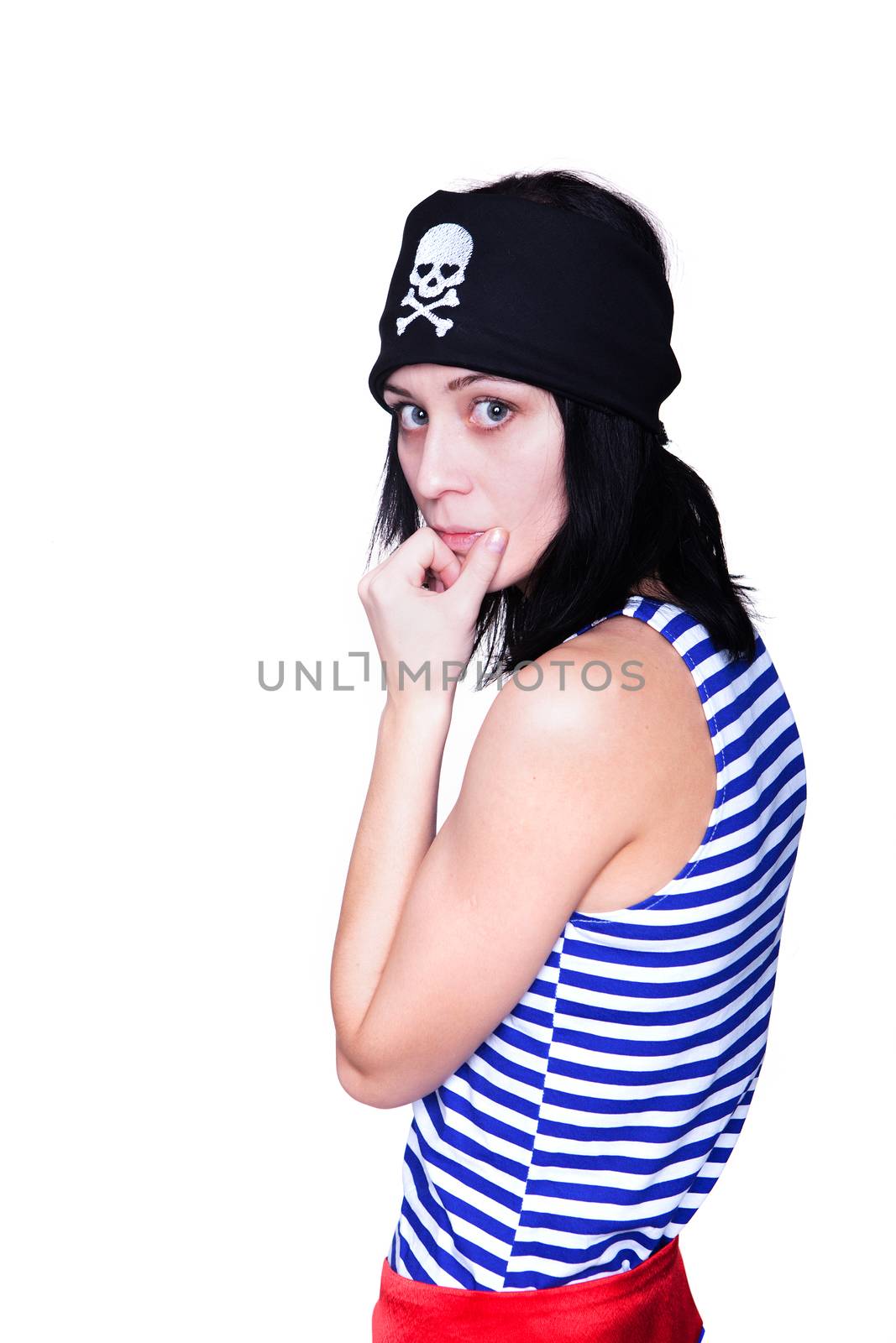 girl in a pirate costume for the holiday, isolated on white background