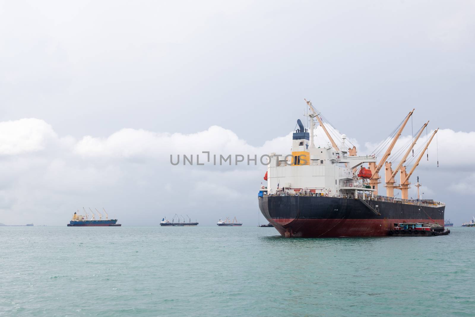 Cargo ship. Parking in the sea to await transportation to the port.