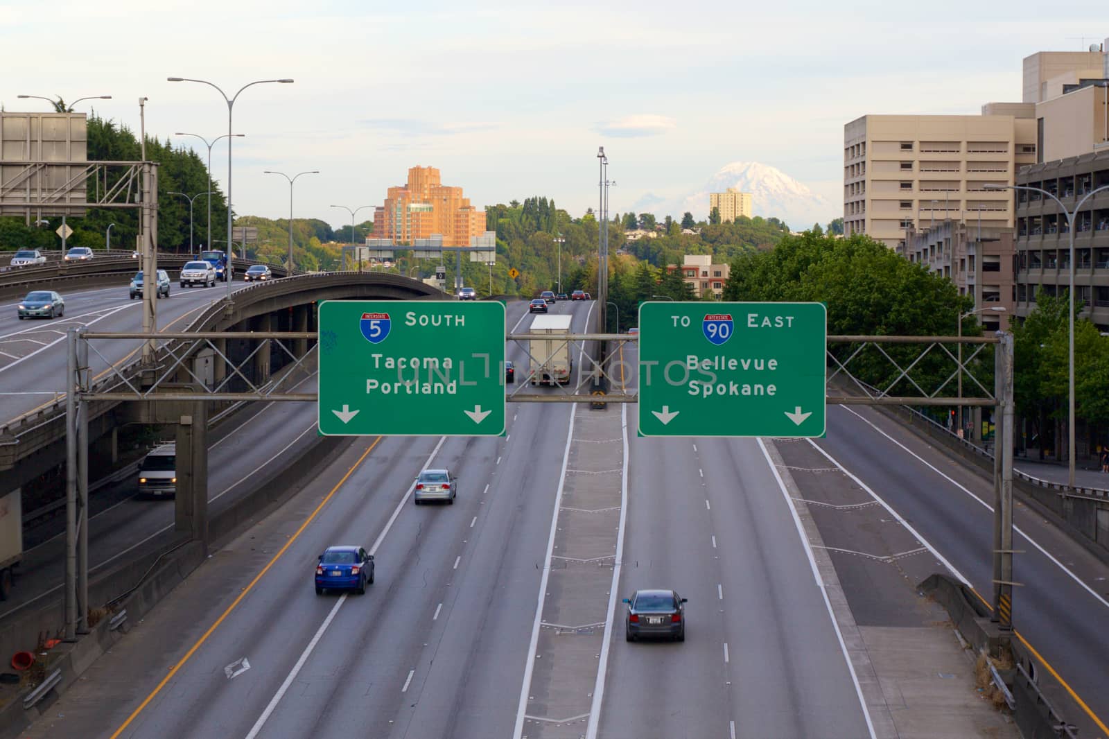 Seattle, WA - July 24, 2015 - View of I5 South with the Tacoma, Portland, Bellevue and Spokane directional sin