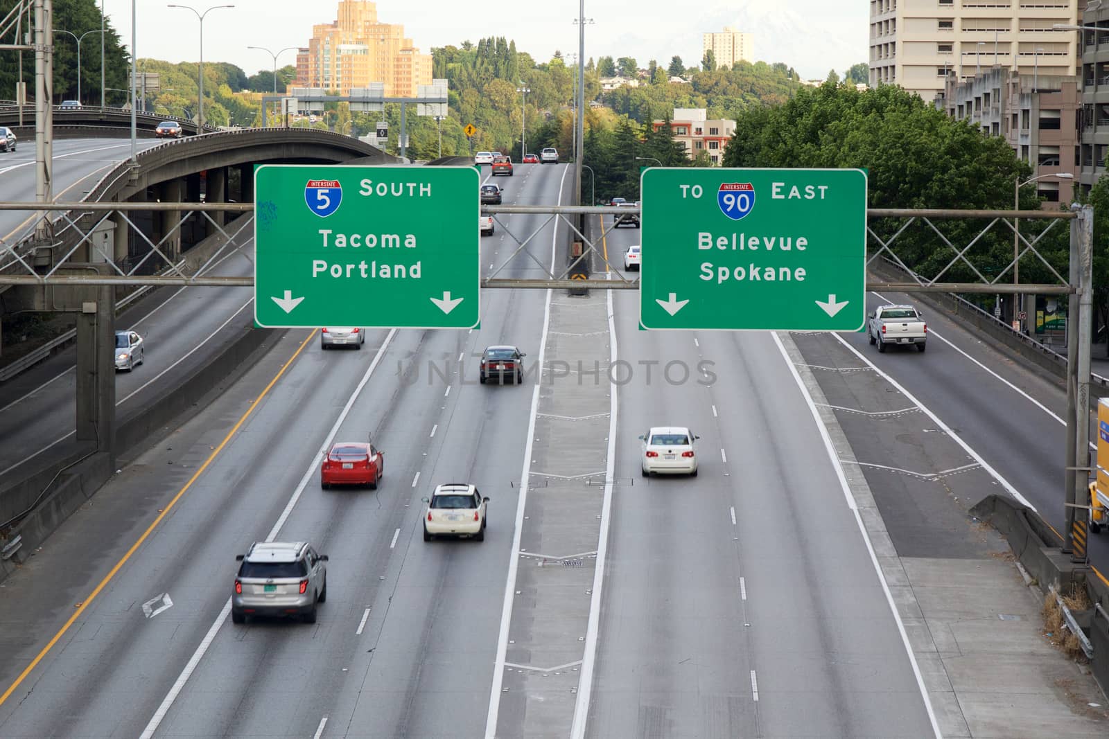 Seattle, WA - July 24, 2015 - View of I5 South with the Tacoma, Portland, Bellevue and Spokane directional sign