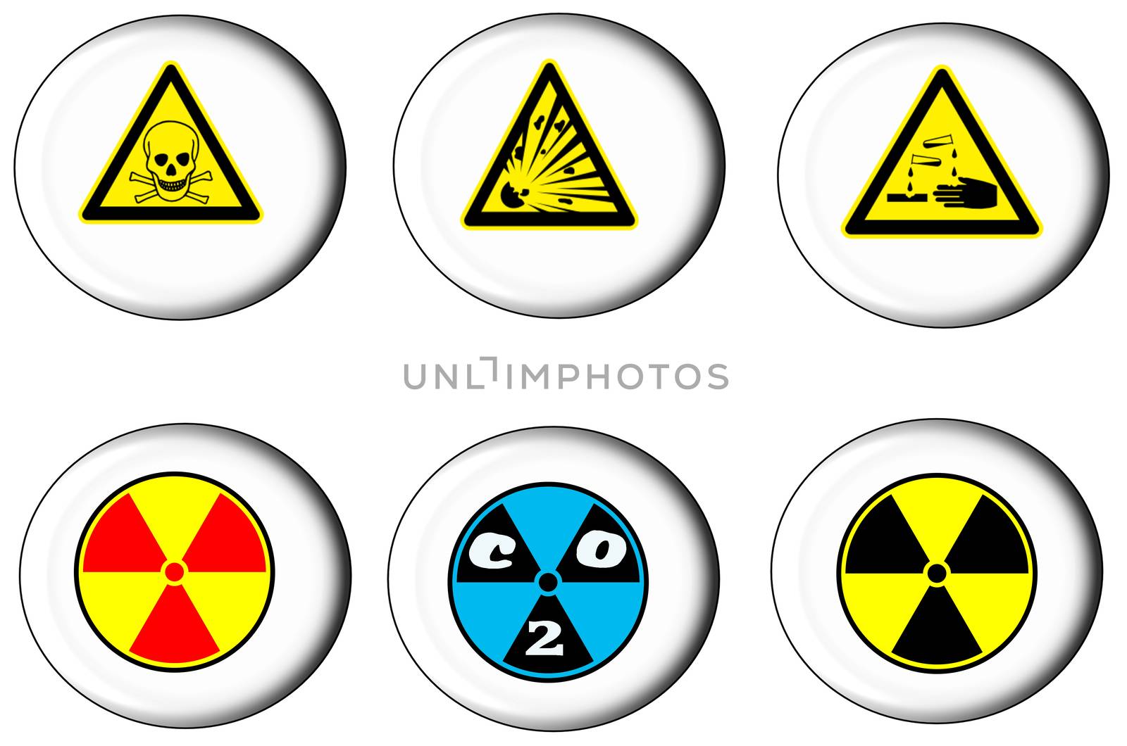 Set of triangular and round warning, danger signs to six buttons.