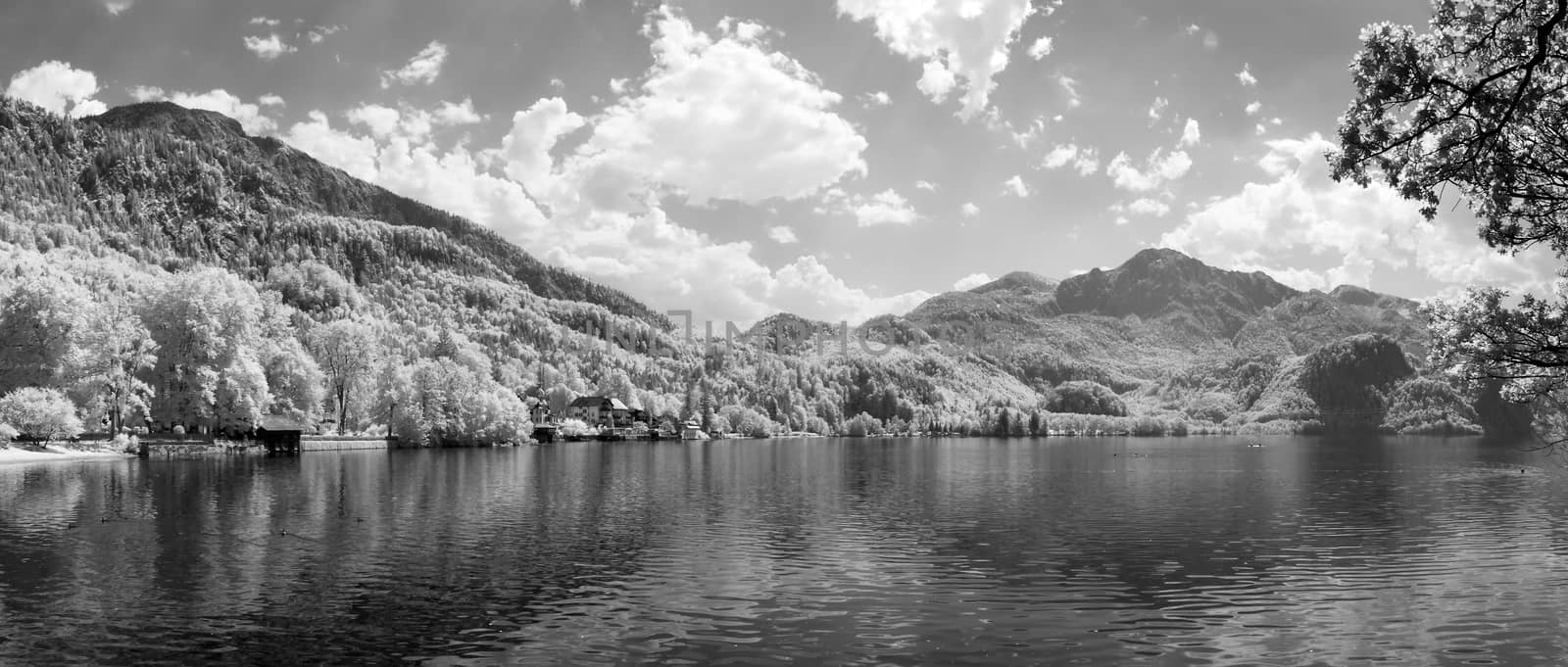 An infrared image of the Forchensee in Bavaria Germany