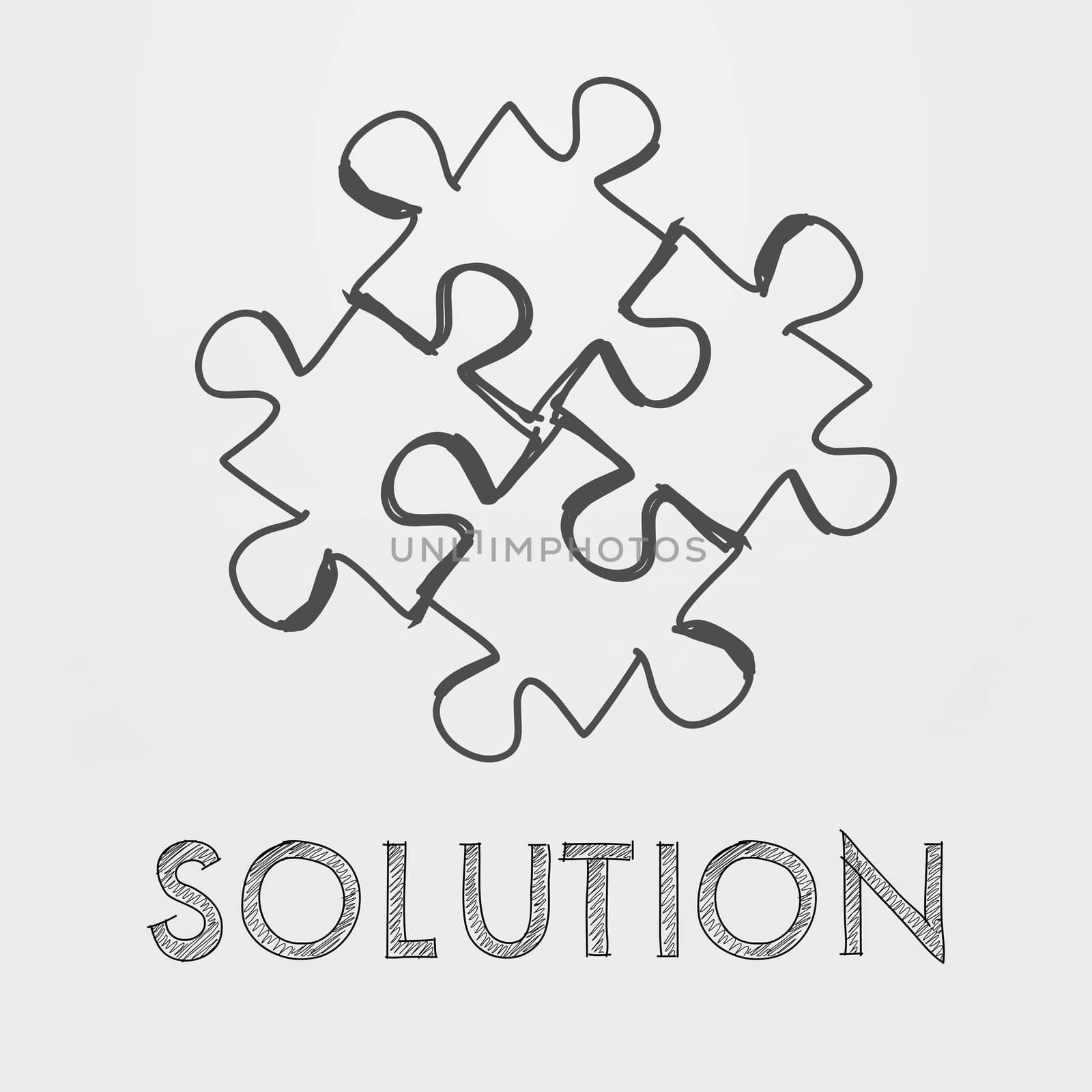 solution and puzzle pieces - text and sign in black white hand-drawn style, business creative concept