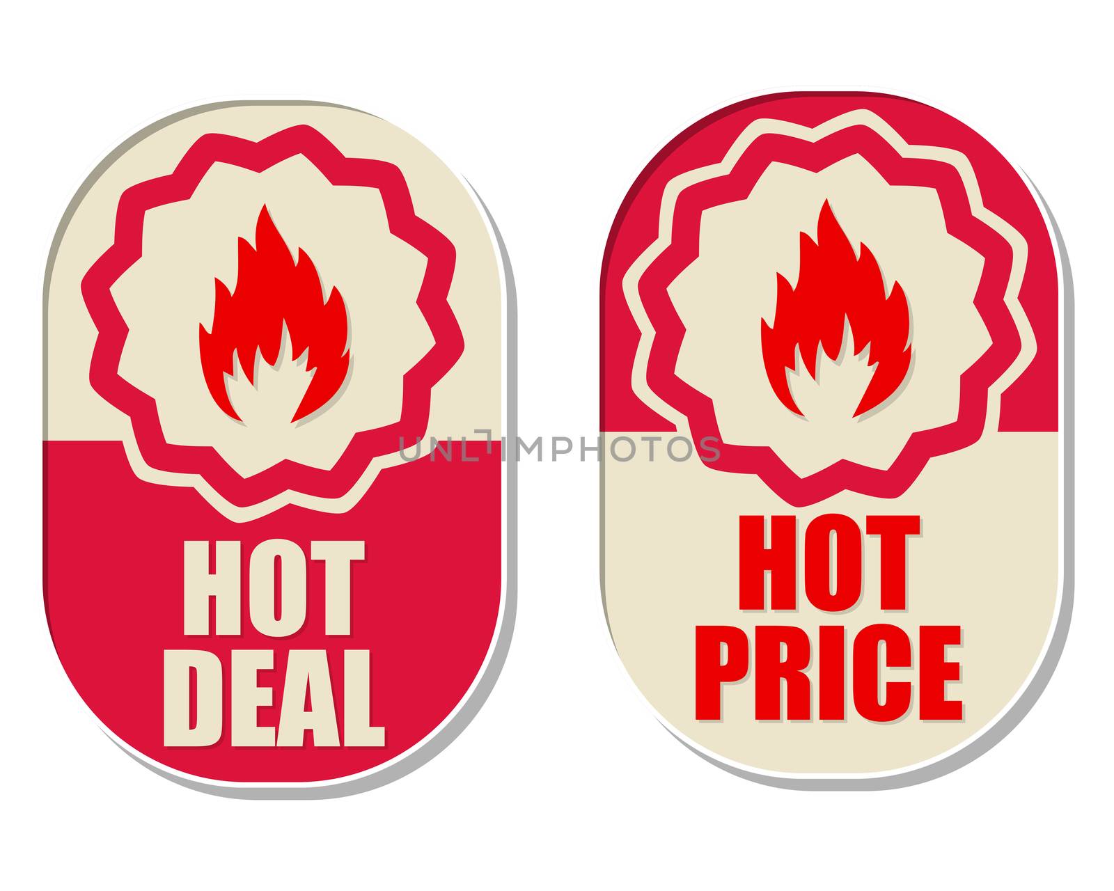 hot deal and hot price with flames signs, two elliptical labels by marinini