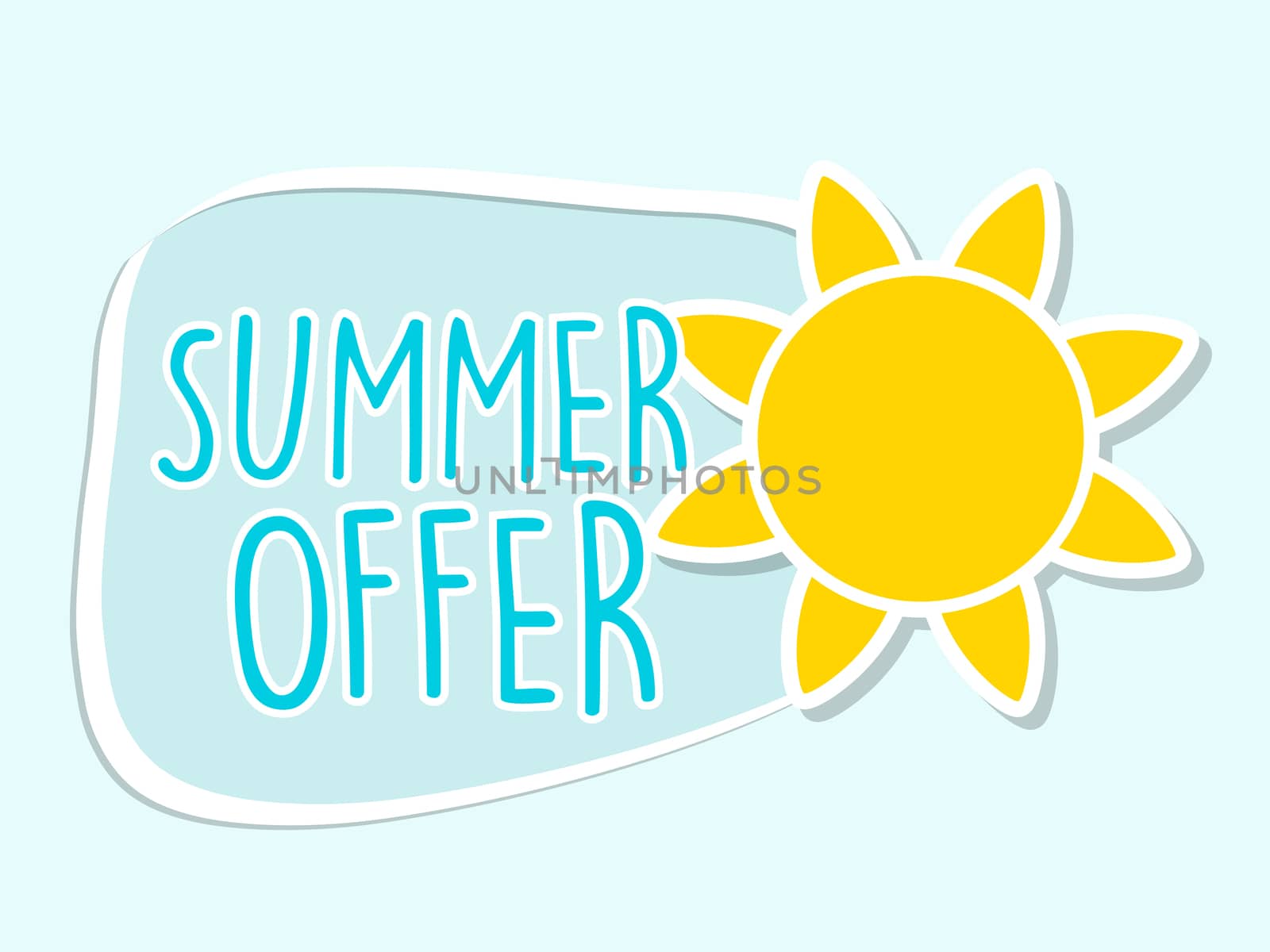summer offer with yellow sun sign, blue flat design label, business seasonal shopping concept