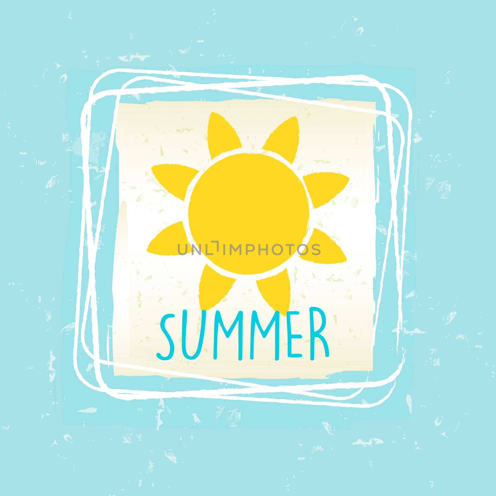 summer with sun sign in frame over blue old paper background by marinini
