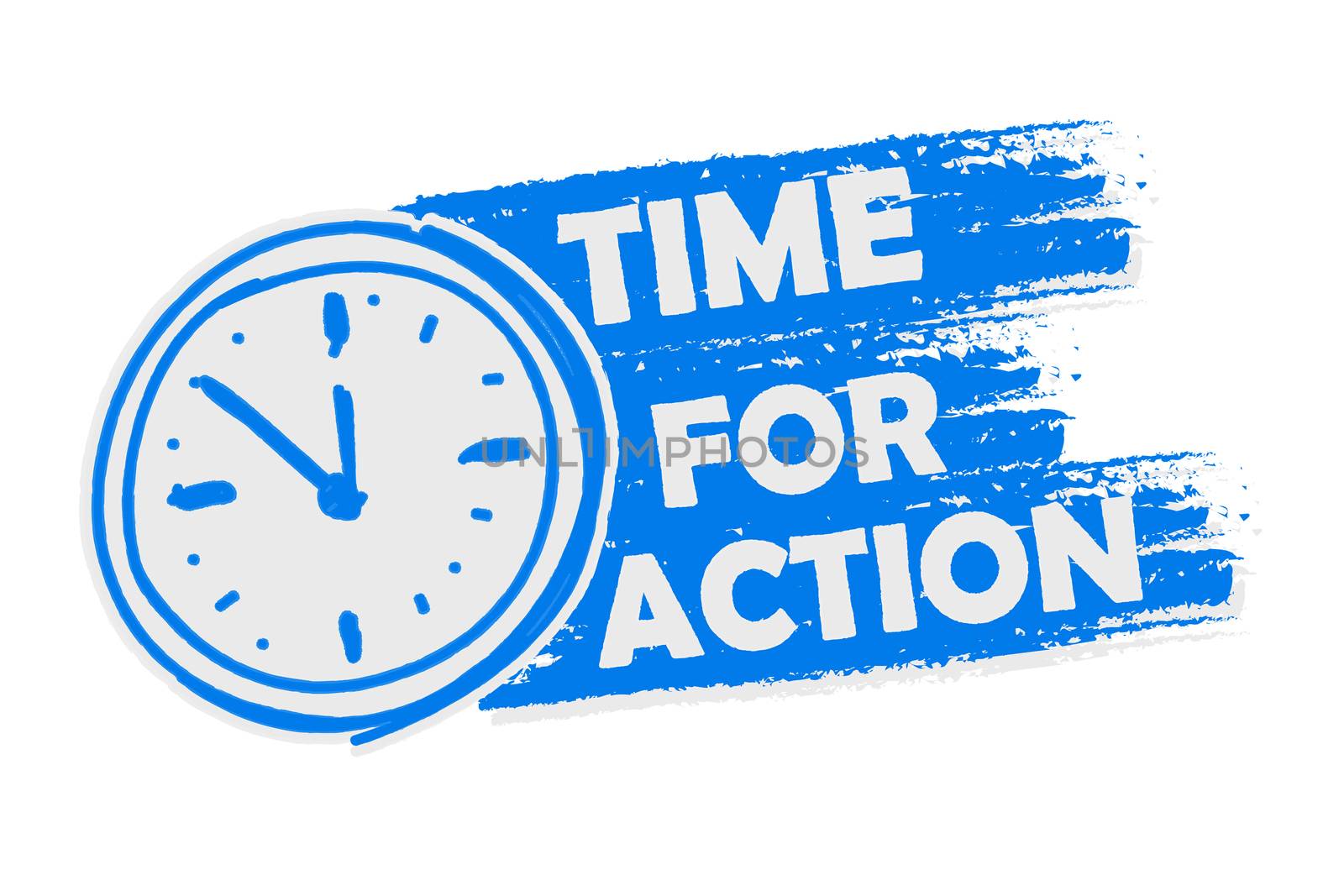 time for action with clock, blue drawn banner with sign by marinini