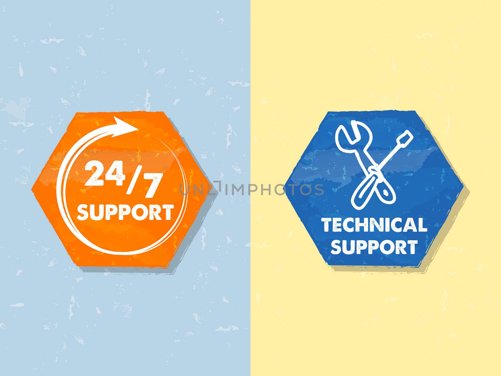 24/7 support and technical support with tools sign, text in two colorful grunge flat design hexagons with symbols, business attendance concept labels