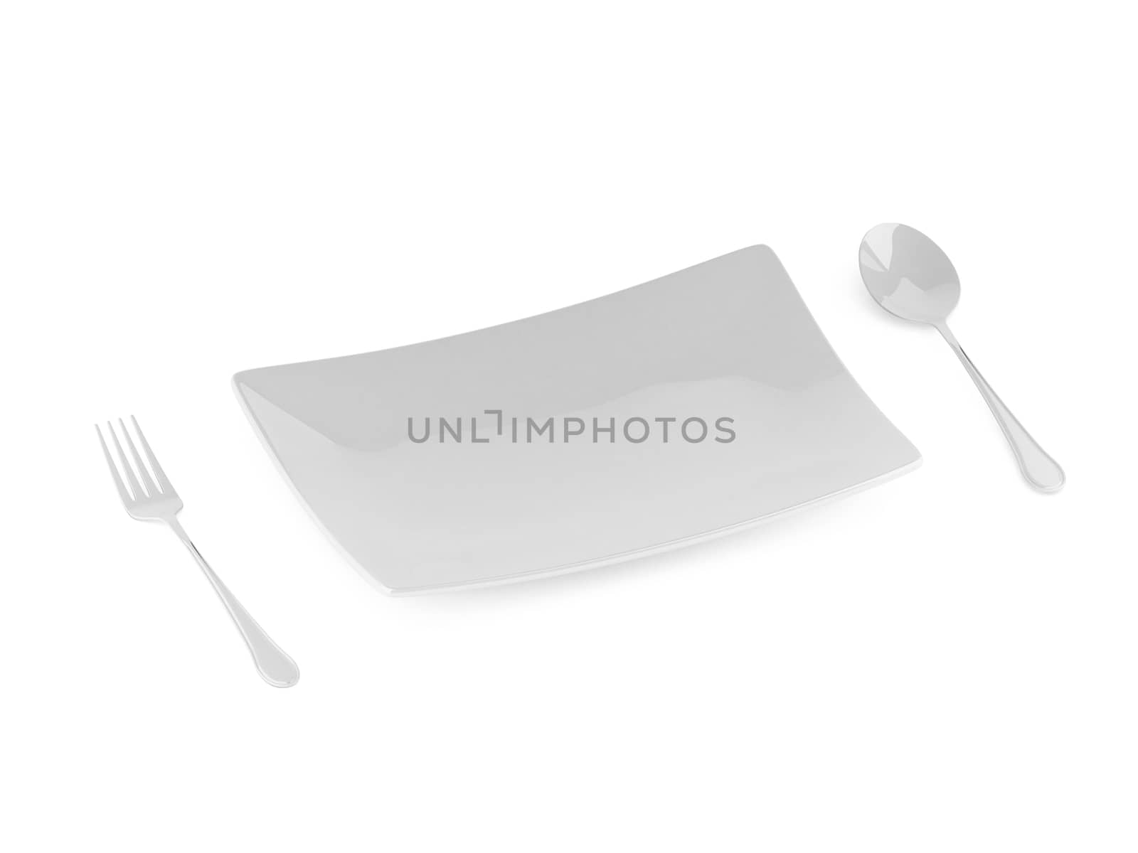 fork and spoon with white plate on white background by teerawit