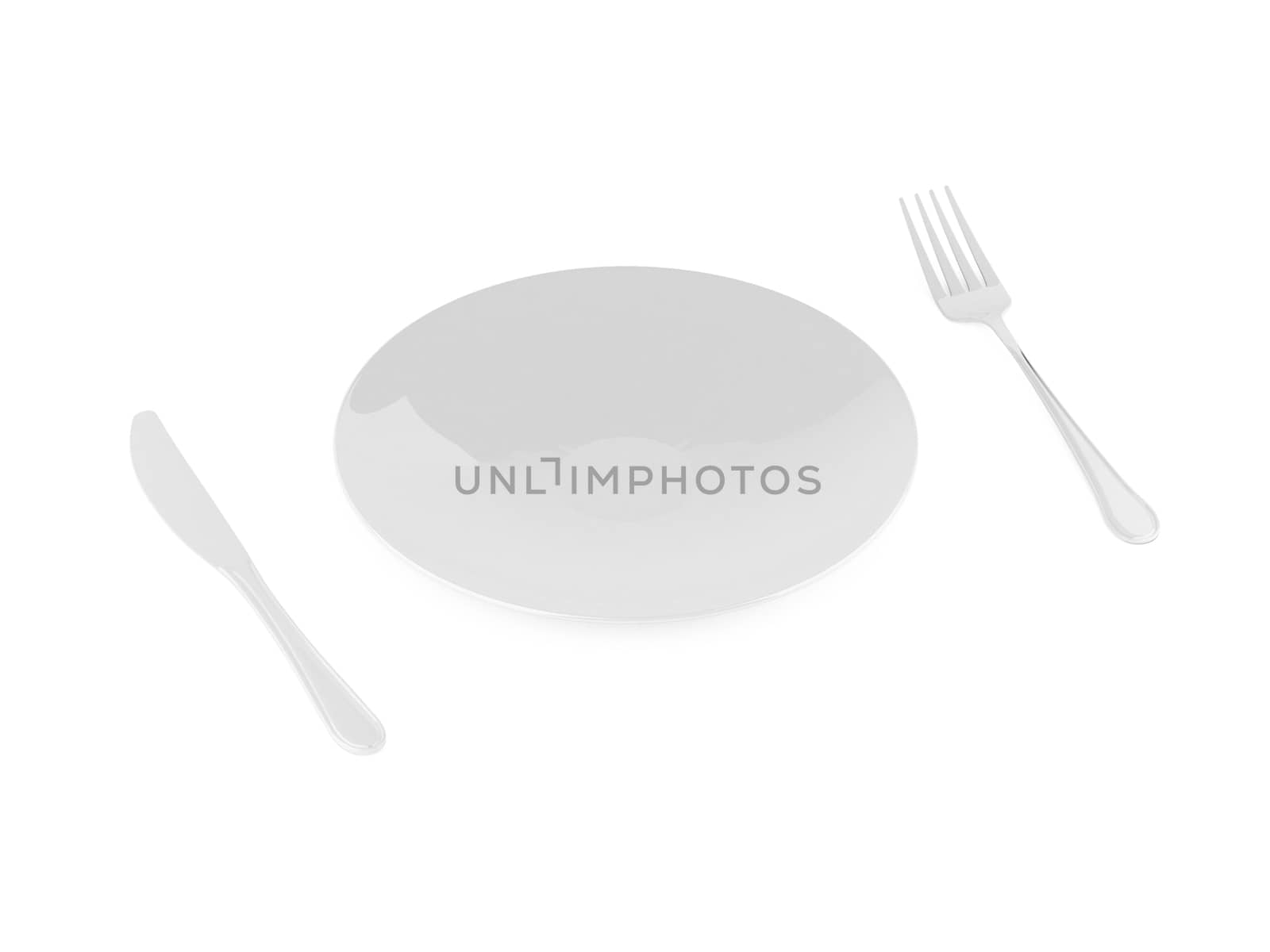 fork and spoon with white plate on white background