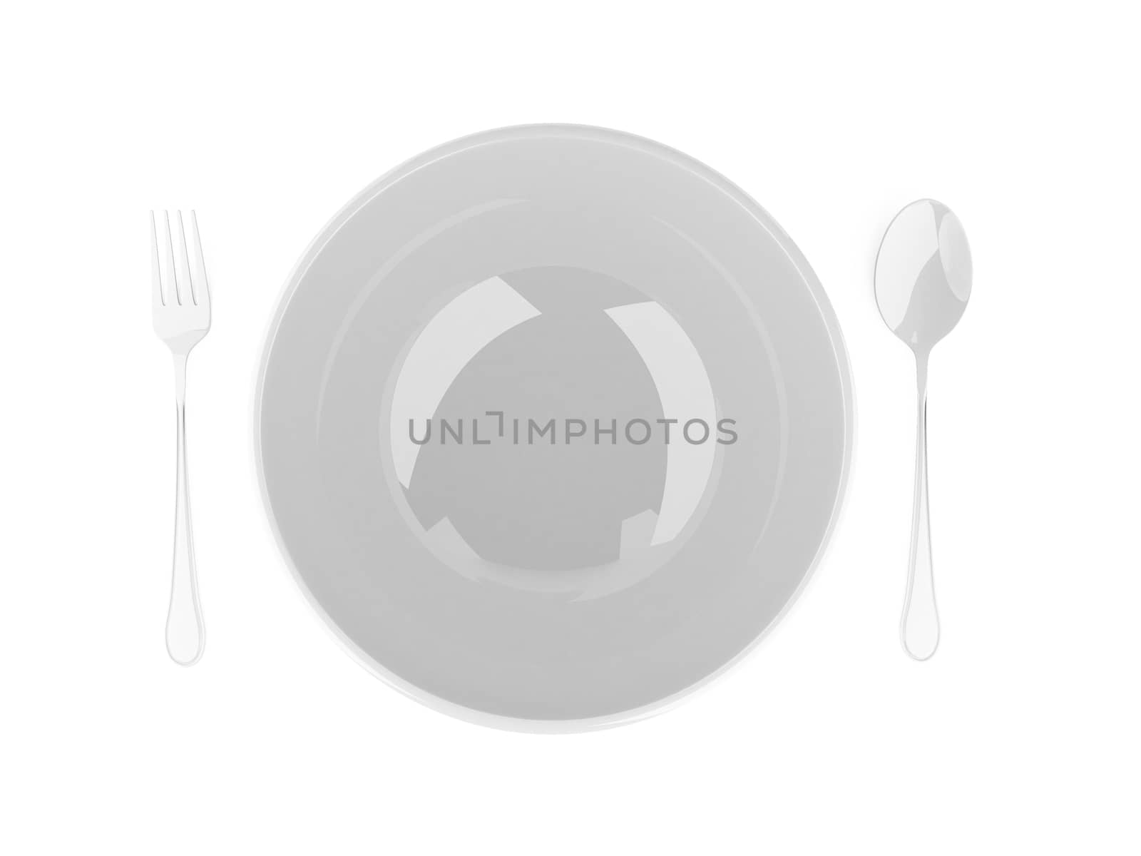 fork and spoon with white plate on white background by teerawit