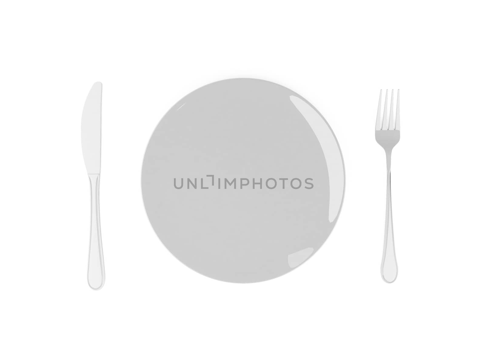fork and spoon with white plate on white background by teerawit