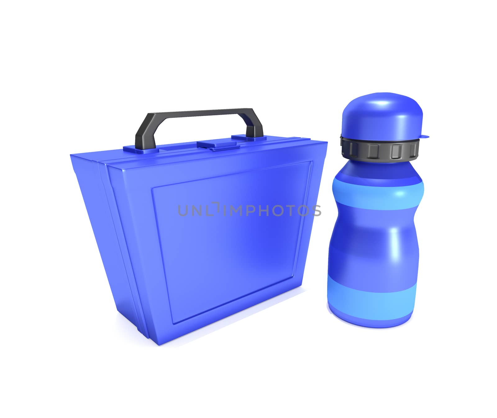 Illustration depicting a blue childs lunchbox and flask arranged over white.