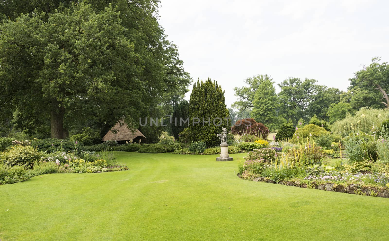 big green gardenwith ngreen grass flowers and gardenhouse