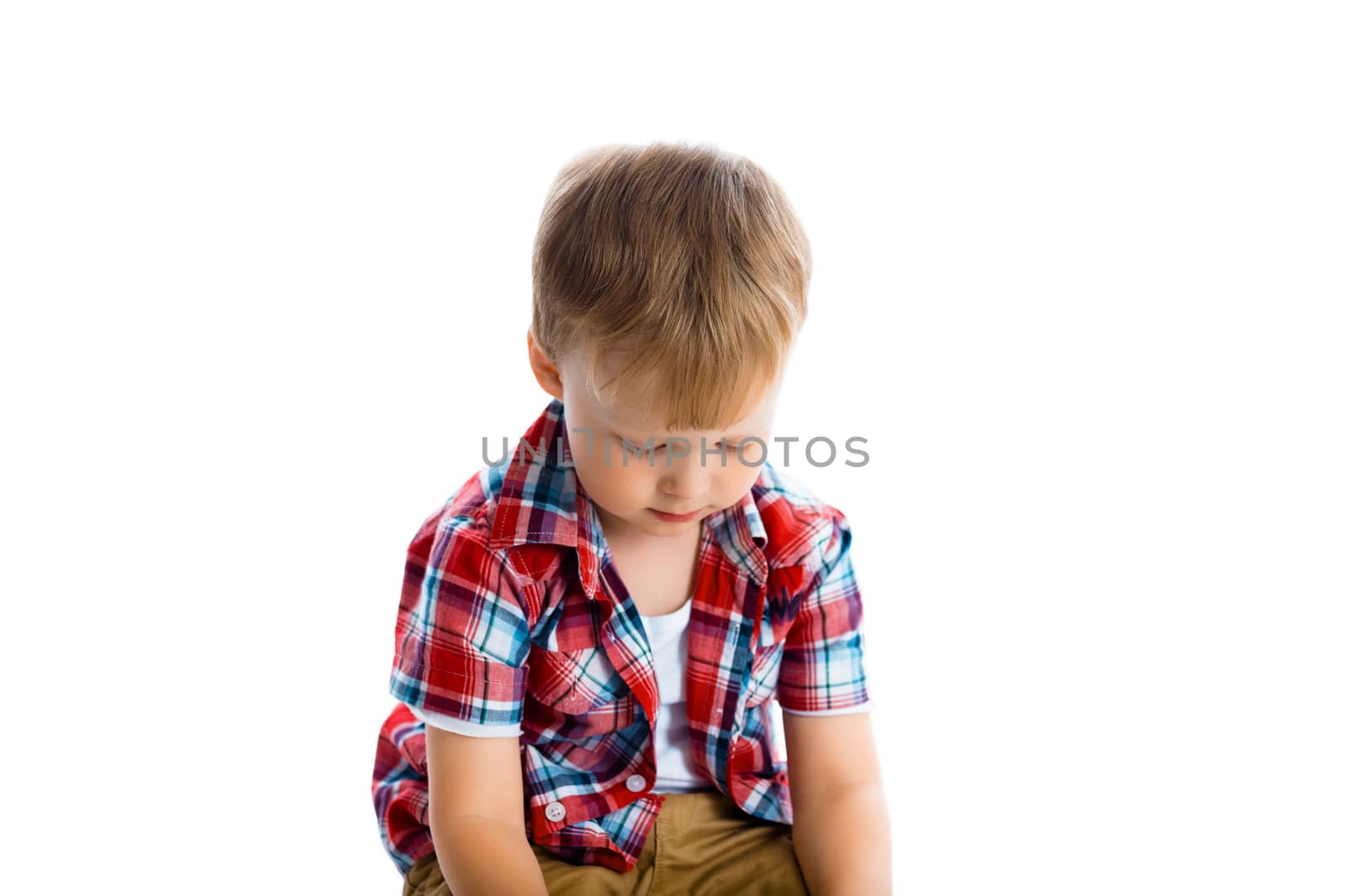 little boy in a plaid shirt over a white by pzRomashka