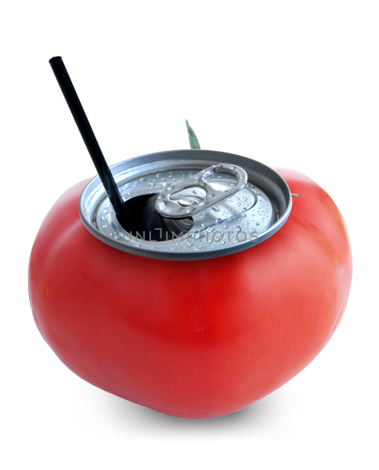 Fresh tomato juice can over a white background