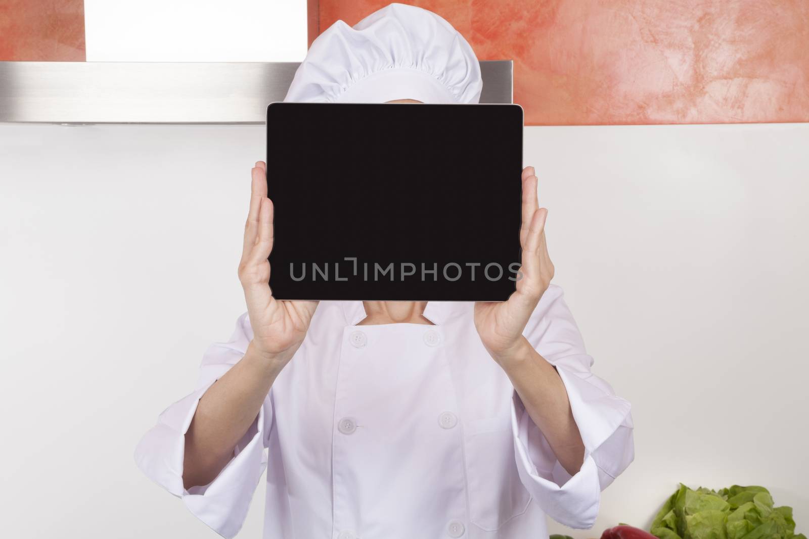 chef showing screen blank tablet by quintanilla