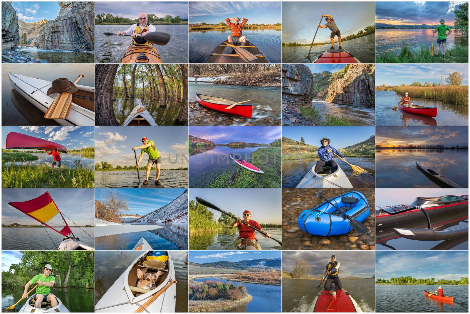 collection of paddling pictures from Colorado featuring variety of boats (kayak, canoe, outrigger,packraft, stand up paddleboard) and the same male model