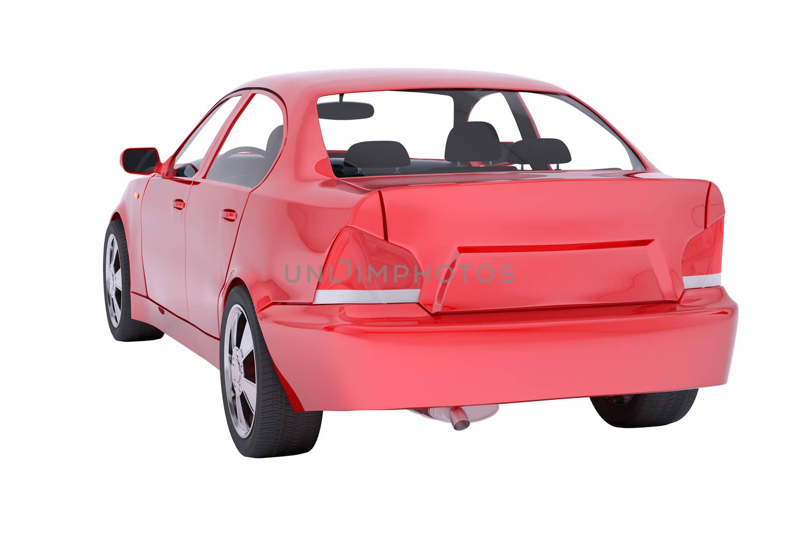 Red car on isolated white background, back view