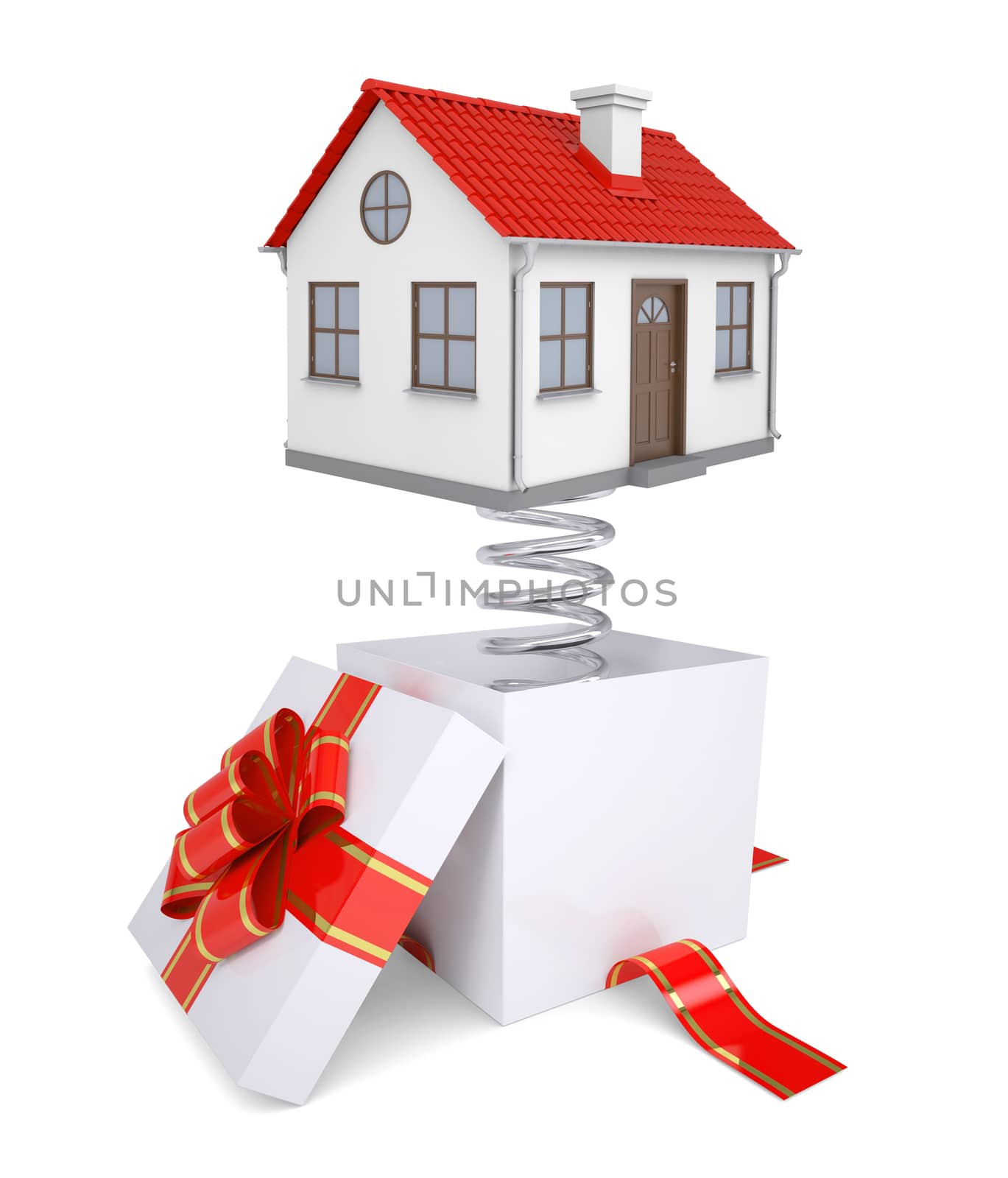 Gift box with red band and house on isolated white background