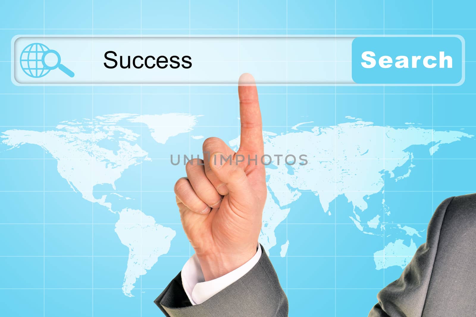 Businessmans hand on abstract blue background with word success in browser and world map