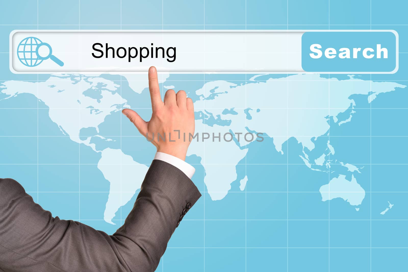 Businessmans hand on abstract blue background with word shopping in browser and world map