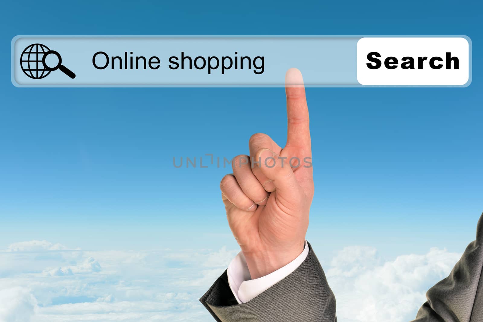 Businessmans hand on blue sky background with words online shopping in browser 