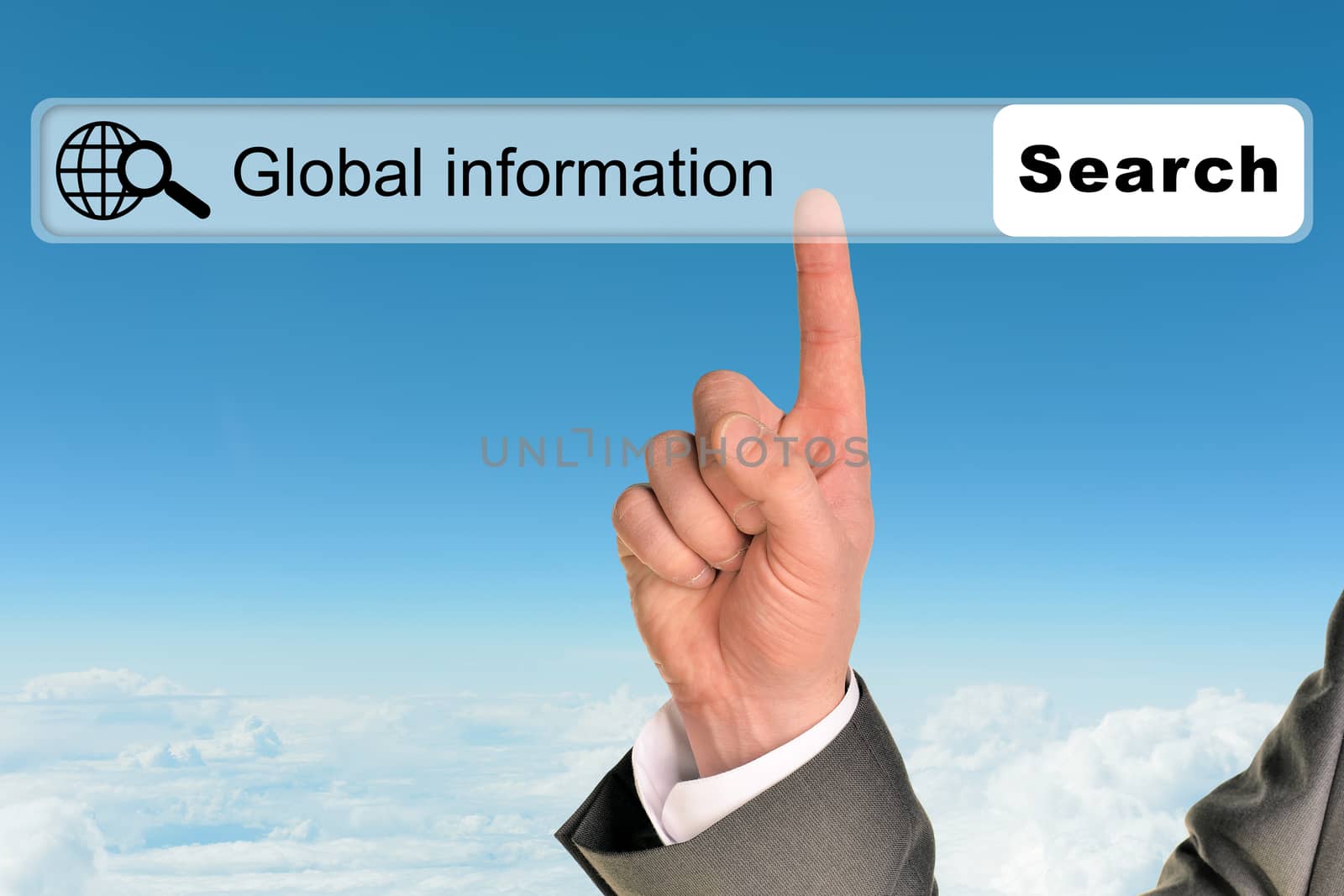 Businessmans hand on blue sky background with words global information in browser 