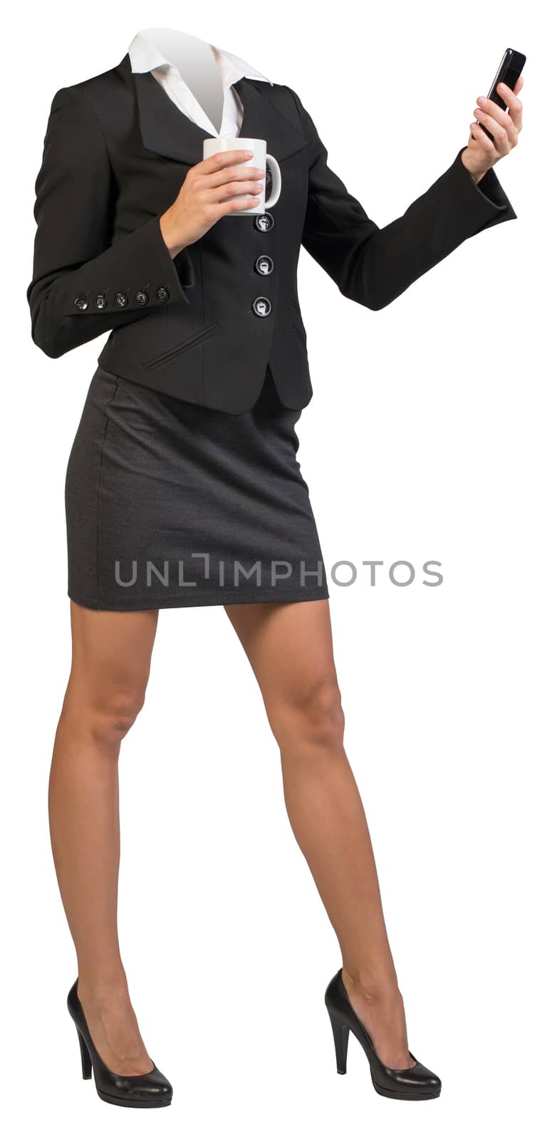 Businesswoman body holding mobile phone and coffee cup on isolated white background