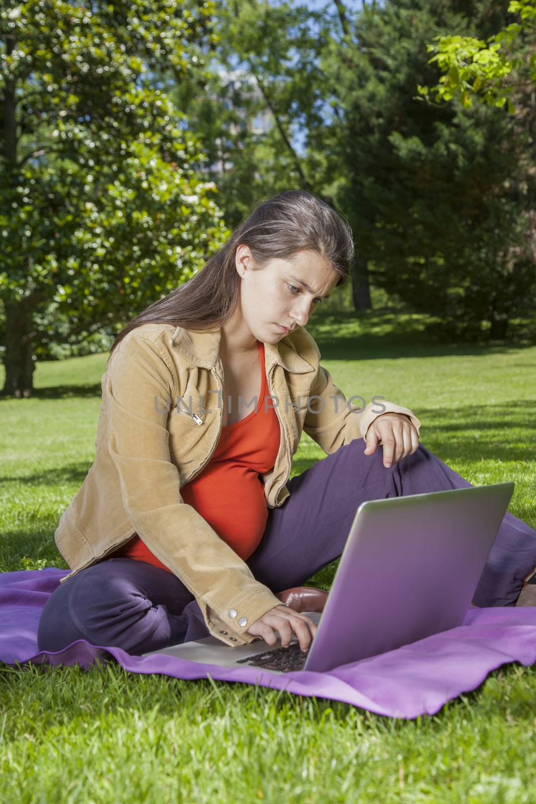 pregnant young woman with orange shirt touching laptop sitting at a green park in Madrid Spain Europe
