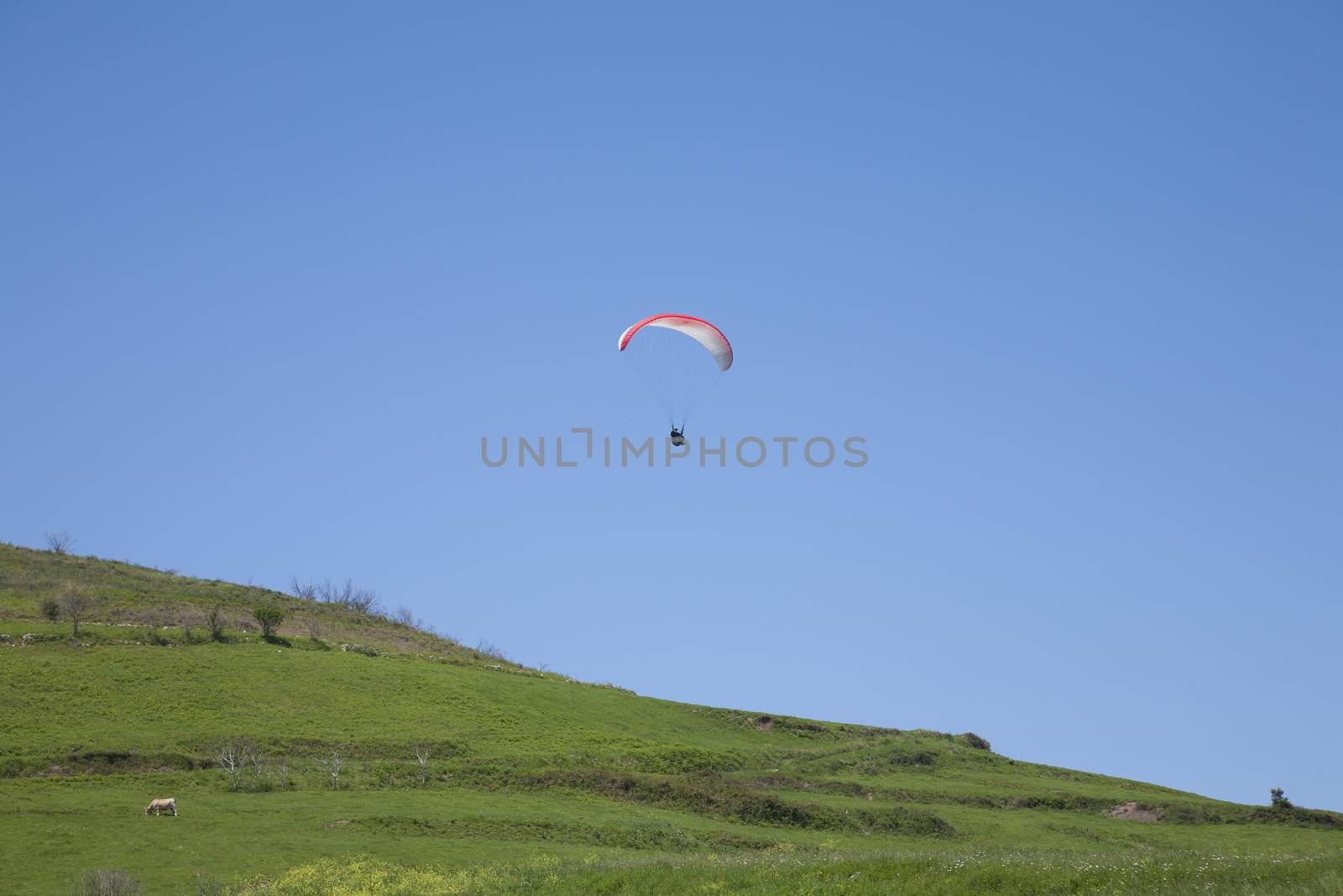 paraglider flying over green field up a beach in Asturias Spain