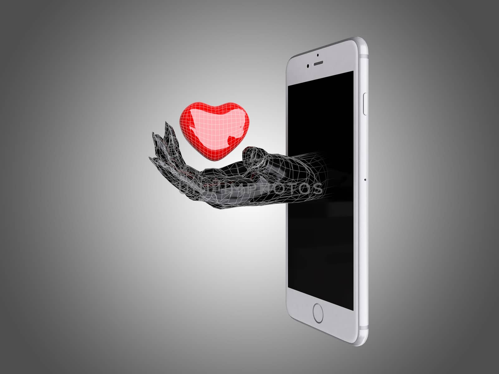 Hand hold the red heart out of a smart phone. by teerawit