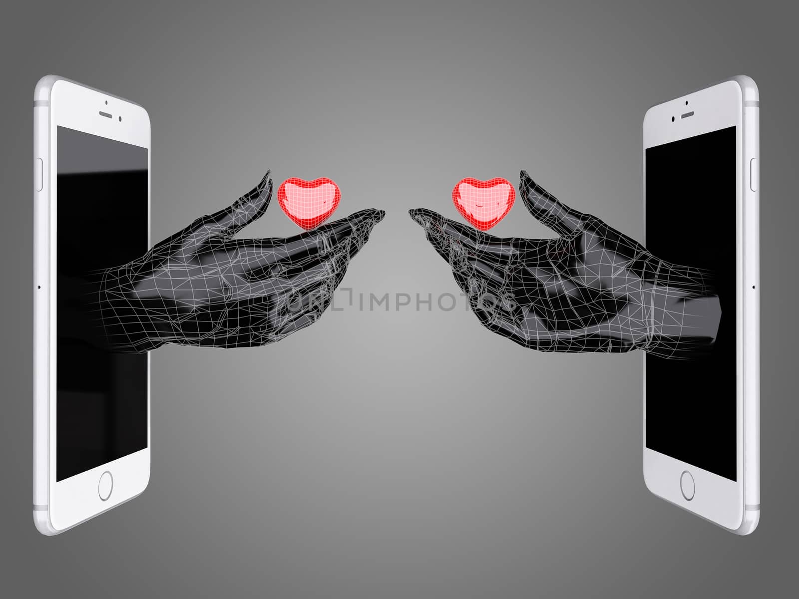 Hand hold the red heart out of a smart phone.